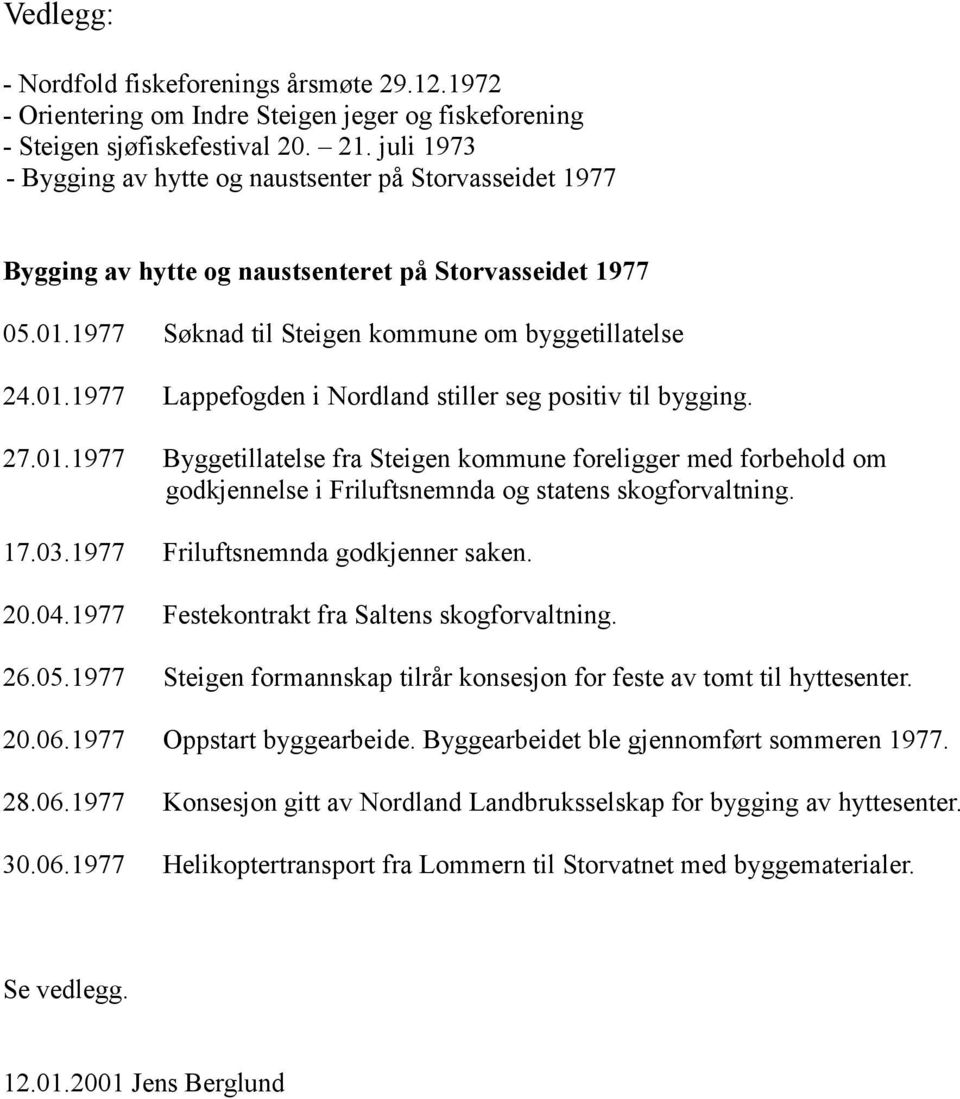 27.01.1977 Byggetillatelse fra Steigen kommune foreligger med forbehold om godkjennelse i Friluftsnemnda og statens skogforvaltning. 17.03.1977 Friluftsnemnda godkjenner saken. 20.04.