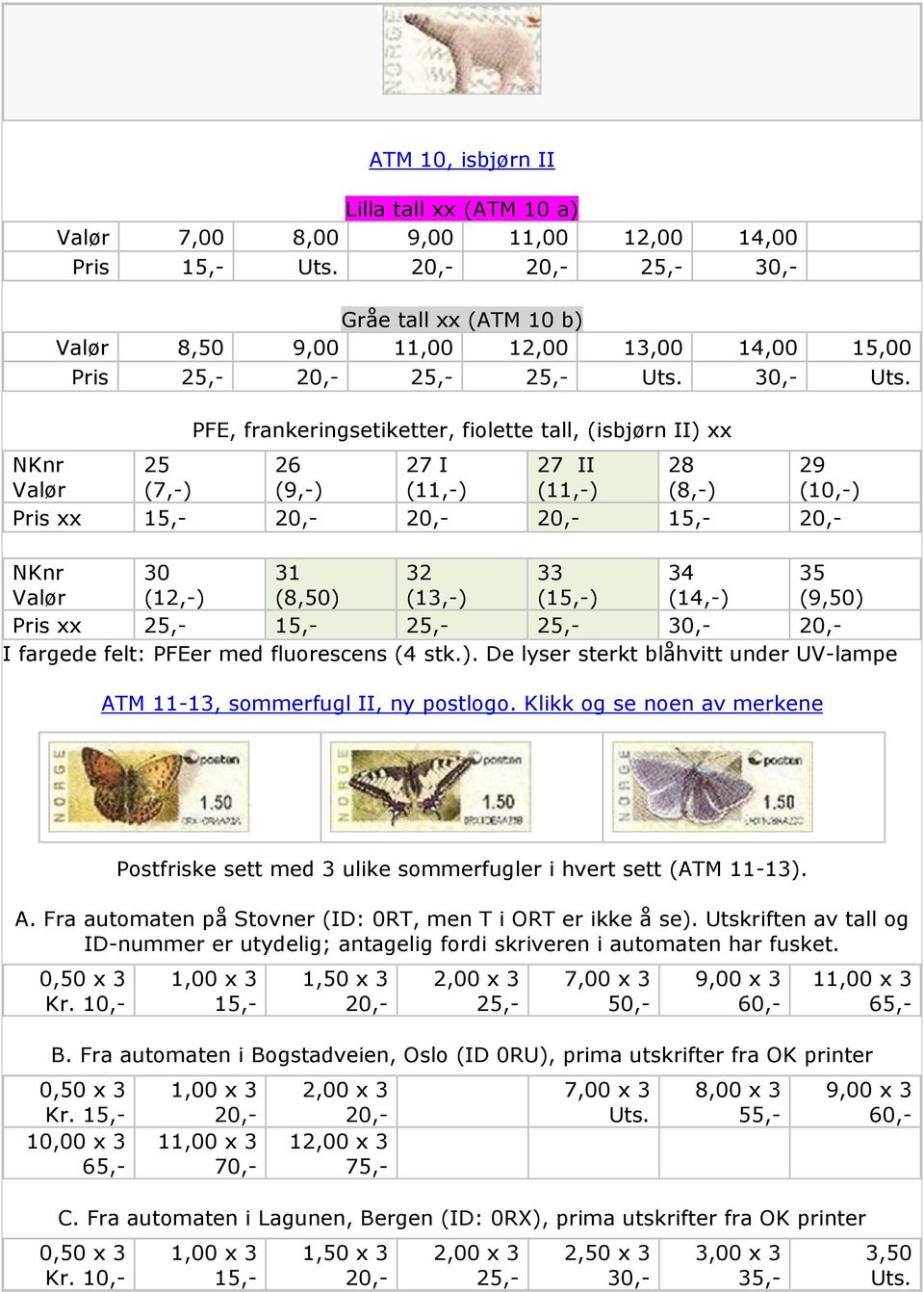 Klikk og se noen av merkene Postfriske sett med 3 ulike sommerfugler i hvert sett (ATM 11-13). A. Fra automaten på Stovner (ID: 0RT, men T i ORT er ikke å se).