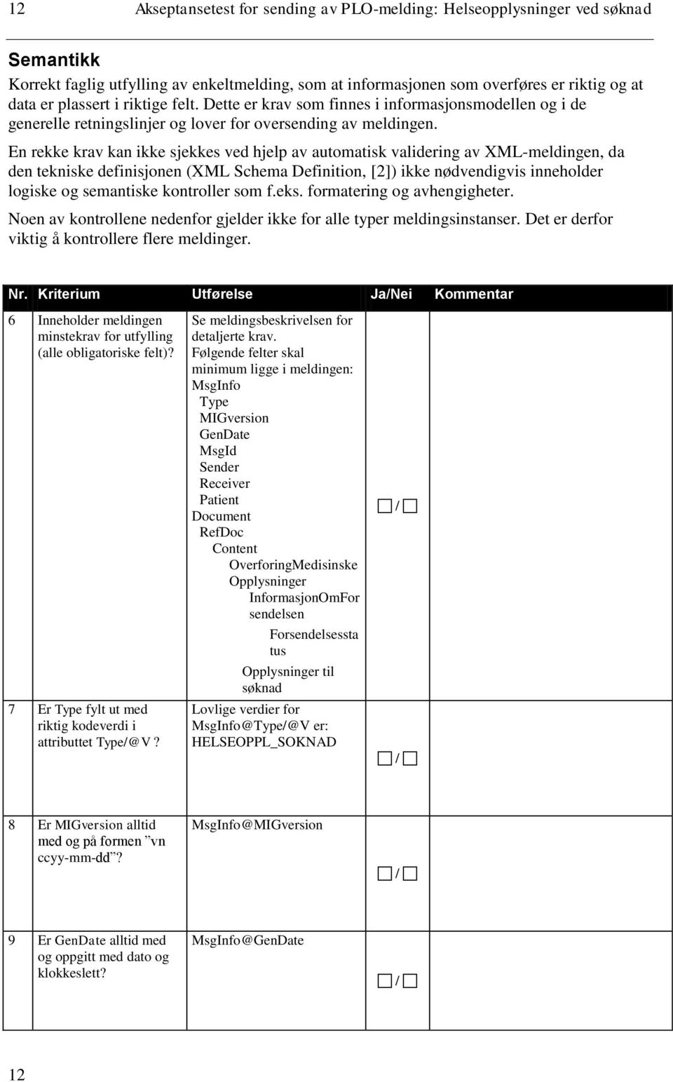 En rekke krav kan ikke sjekkes ved hjelp av automatisk validering av XML-meldingen, da den tekniske definisjonen (XML Schema Definition, [2]) ikke nødvendigvis inneholder logiske og semantiske