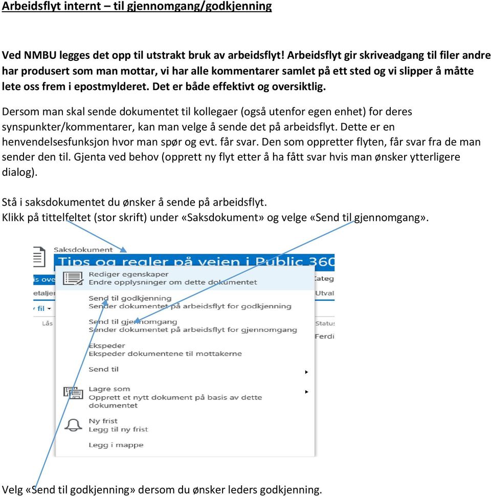 Det er både effektivt og oversiktlig. Dersom man skal sende dokumentet til kollegaer (også utenfor egen enhet) for deres synspunkter/kommentarer, kan man velge å sende det på arbeidsflyt.