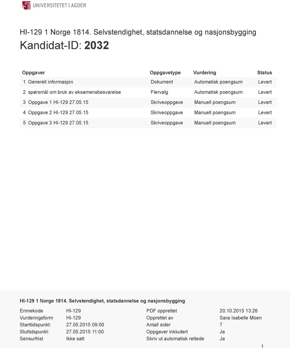 eksamensbesvarelse Flervalg Automatisk poengsum Levert 3 Oppgave 1 HI-129 27.05.15 Skriveoppgave Manuell poengsum Levert 4 Oppgave 2 HI-129 27.05.15 Skriveoppgave Manuell poengsum Levert 5 Oppgave 3 HI-129 27.