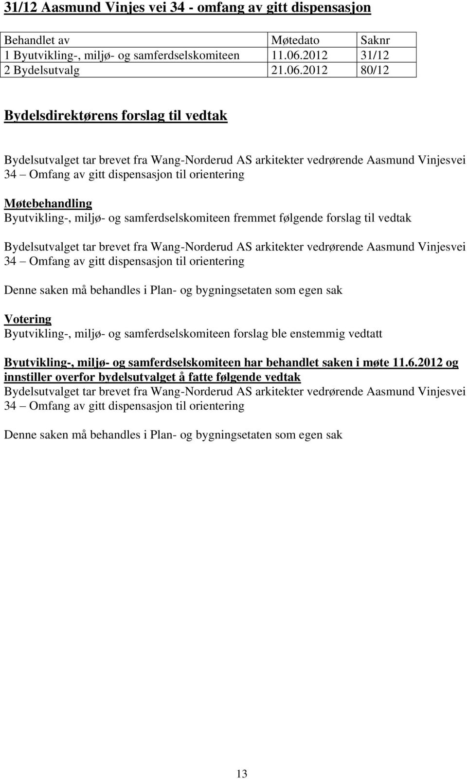 2012 80/12 Bydelsutvalget tar brevet fra Wang-Norderud AS arkitekter vedrørende Aasmund Vinjesvei 34 Omfang av gitt dispensasjon til orientering Byutvikling-, miljø- og samferdselskomiteen fremmet