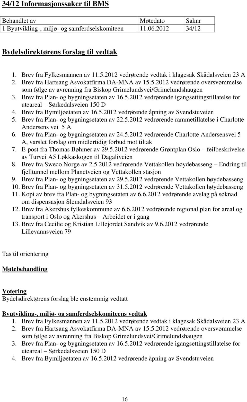 Brev fra Bymiljøetaten av 16.5.2012 vedrørende åpning av Svendstuveien 5. Brev fra Plan- og bygningsetaten av 22.5.2012 vedrørende rammetillatelse i Charlotte Andersens vei 5 A 6.