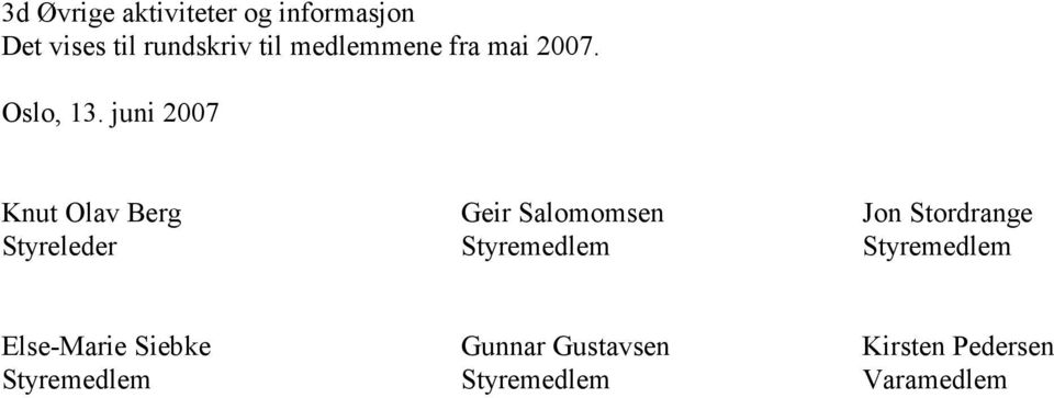 juni 2007 Knut Olav Berg Geir Salomomsen Jon Stordrange Styreleder