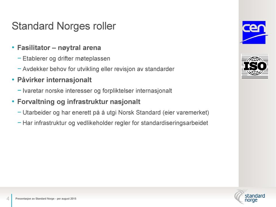 Forvaltning og infrastruktur nasjonalt Utarbeider og har enerett på å utgi Norsk Standard (eier varemerket) Har