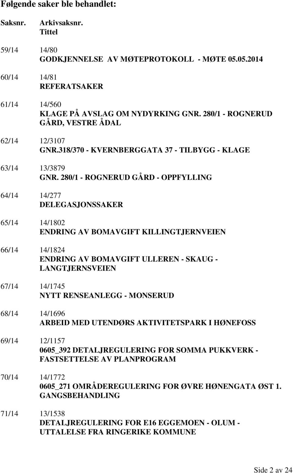 280/1 - ROGNERUD GÅRD - OPPFYLLING 64/14 14/277 DELEGASJONSSAKER 65/14 14/1802 ENDRING AV BOMAVGIFT KILLINGTJERNVEIEN 66/14 14/1824 ENDRING AV BOMAVGIFT ULLEREN - SKAUG - LANGTJERNSVEIEN 67/14