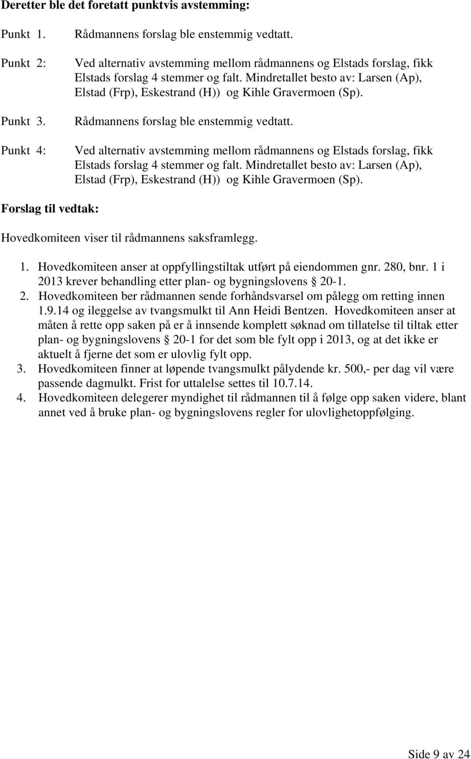 Rådmannens forslag ble enstemmig vedtatt.  Hovedkomiteen viser til rådmannens saksframlegg. 1. Hovedkomiteen anser at oppfyllingstiltak utført på eiendommen gnr. 280, bnr.