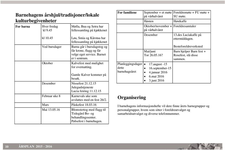 Barnet er i sentrum. Kalvefest med mulighet for overnatting. Gamle Kalver kommer på besøk. Desember Nissefest 21.12.15 Julegudstjeneste Lucia feiring 11.12.15 Februar uke 8 Karnevals uke som avsluttes med en fest 26/2.