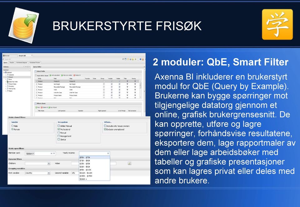 De kan opprette, utføre og lagre spørringer, forhåndsvise resultatene, eksportere dem, lage rapportmaler av dem