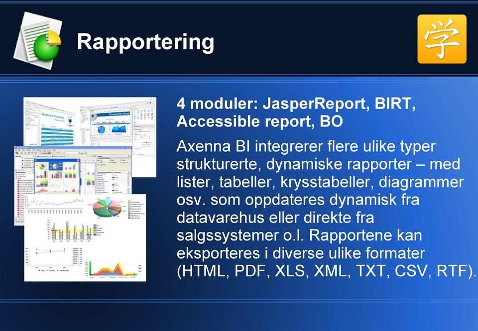 diagrammer osv. som oppdateres dynamisk fra datavarehus eller direkte fra salgssystemer o.