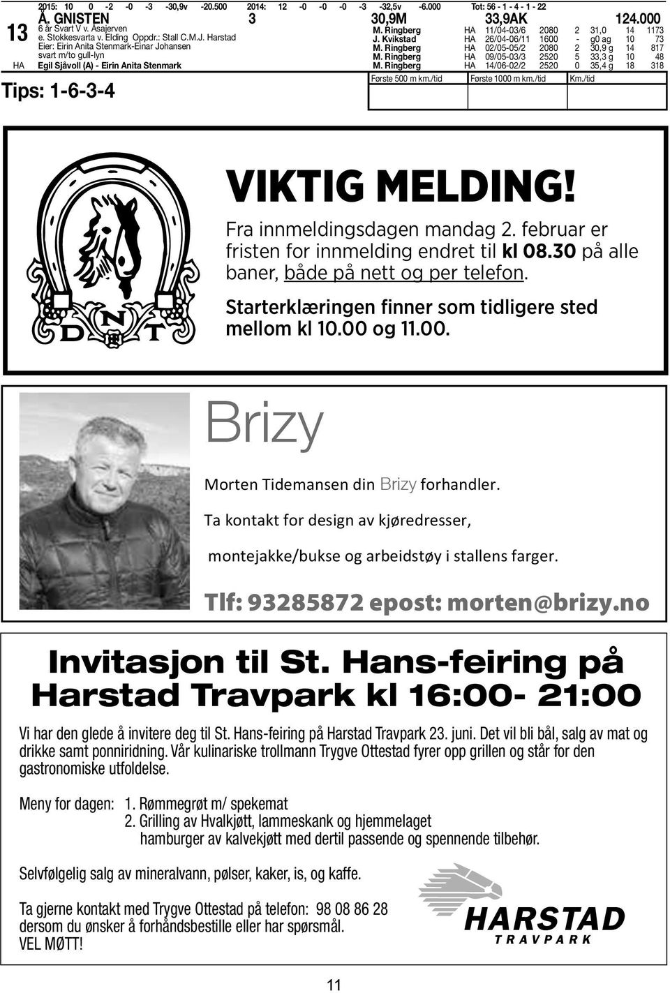 Harstad Eier: Eirin Anita Stenmark-Einar Johansen svart m/to gull-lyn Egil Sjåvoll (A) - Eirin Anita Stenmark Tips: 1-6-3-4 M. Ringberg 11/04-03/6 2080 2 31,0 14 1173 J.