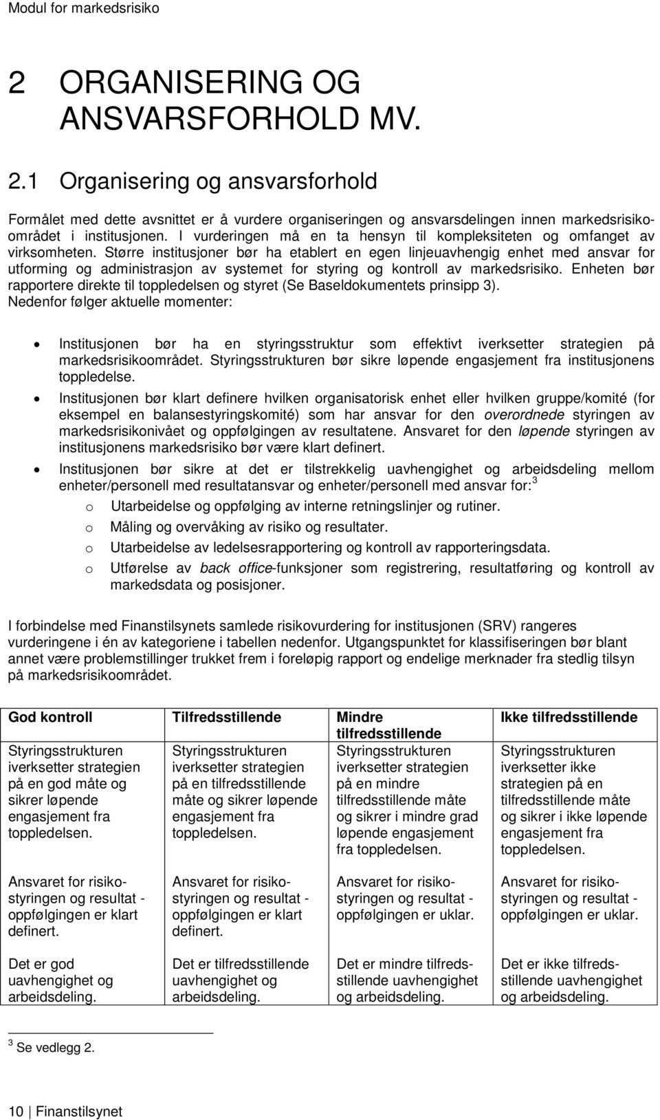 Større institusjoner bør ha etablert en egen linjeuavhengig enhet med ansvar for utforming og administrasjon av systemet for styring og kontroll av markedsrisiko.