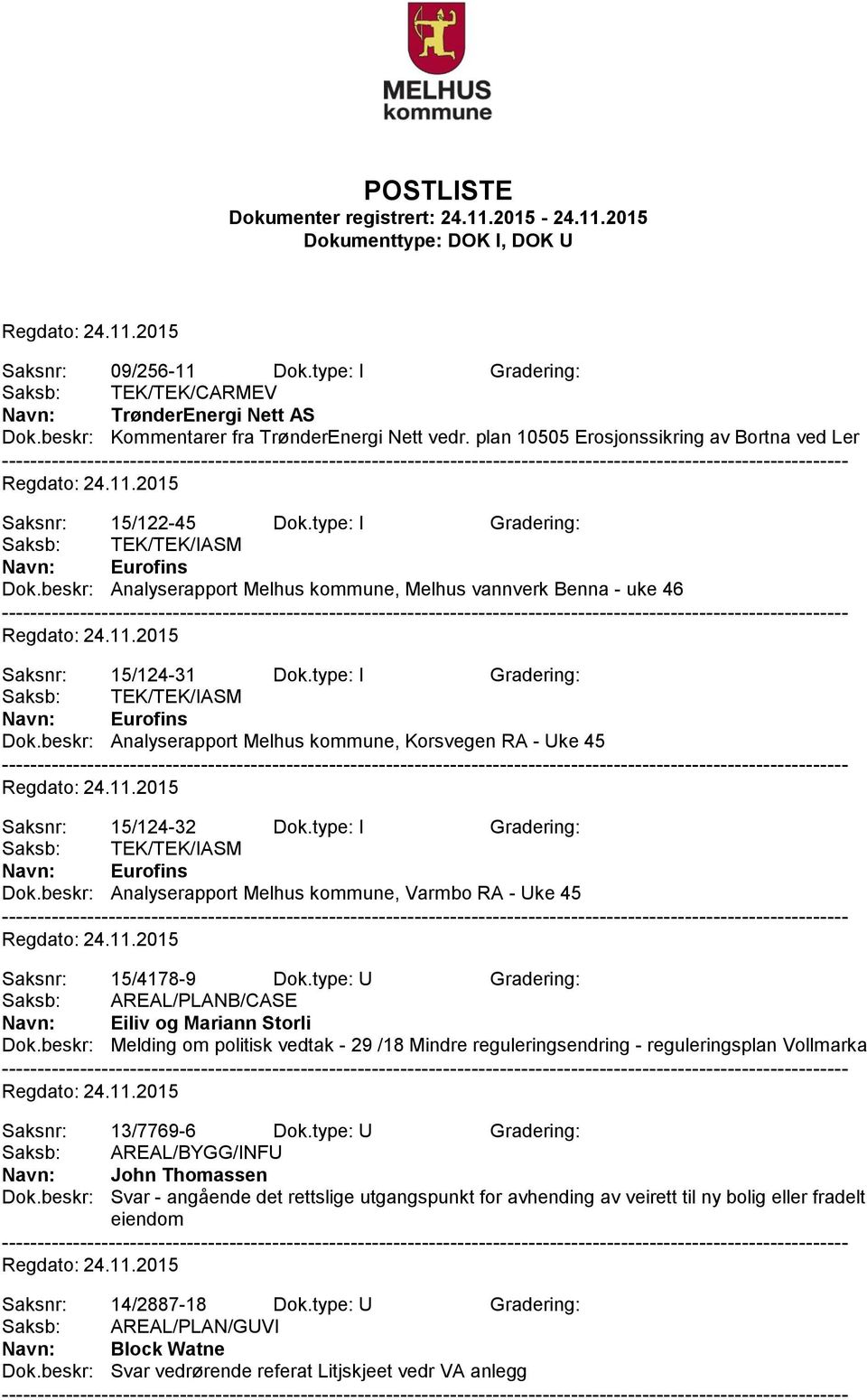 beskr: Analyserapport Melhus kommune, Melhus vannverk Benna - uke 46 Saksnr: 15/124-31 Dok.type: I Gradering: Saksb: TEK/TEK/IASM Navn: Eurofins Dok.