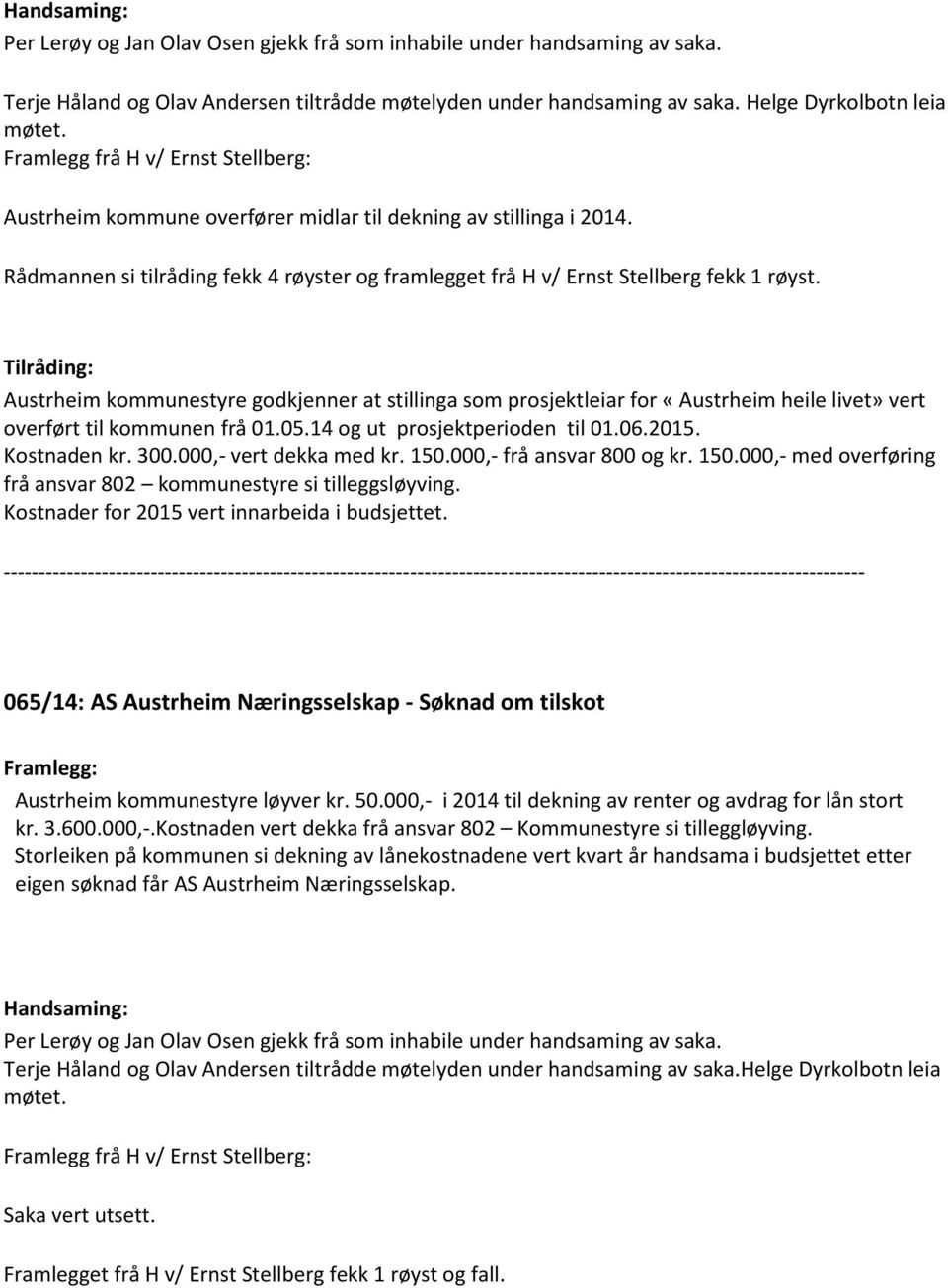 Tilråding: Austrheim kommunestyre godkjenner at stillinga som prosjektleiar for «Austrheim heile livet» vert overført til kommunen frå 01.05.14 og ut prosjektperioden til 01.06.2015. Kostnaden kr.