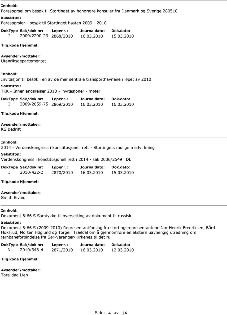 Stortingets mulige medvirkning Verdenskongress i konstitusjonell rett i 2014 - sak 2006/2549 i DL 2010/422-2 2870/2010 Smith Eivind Dokument 8:66 S Samtykke til oversetting av dokument til russisk