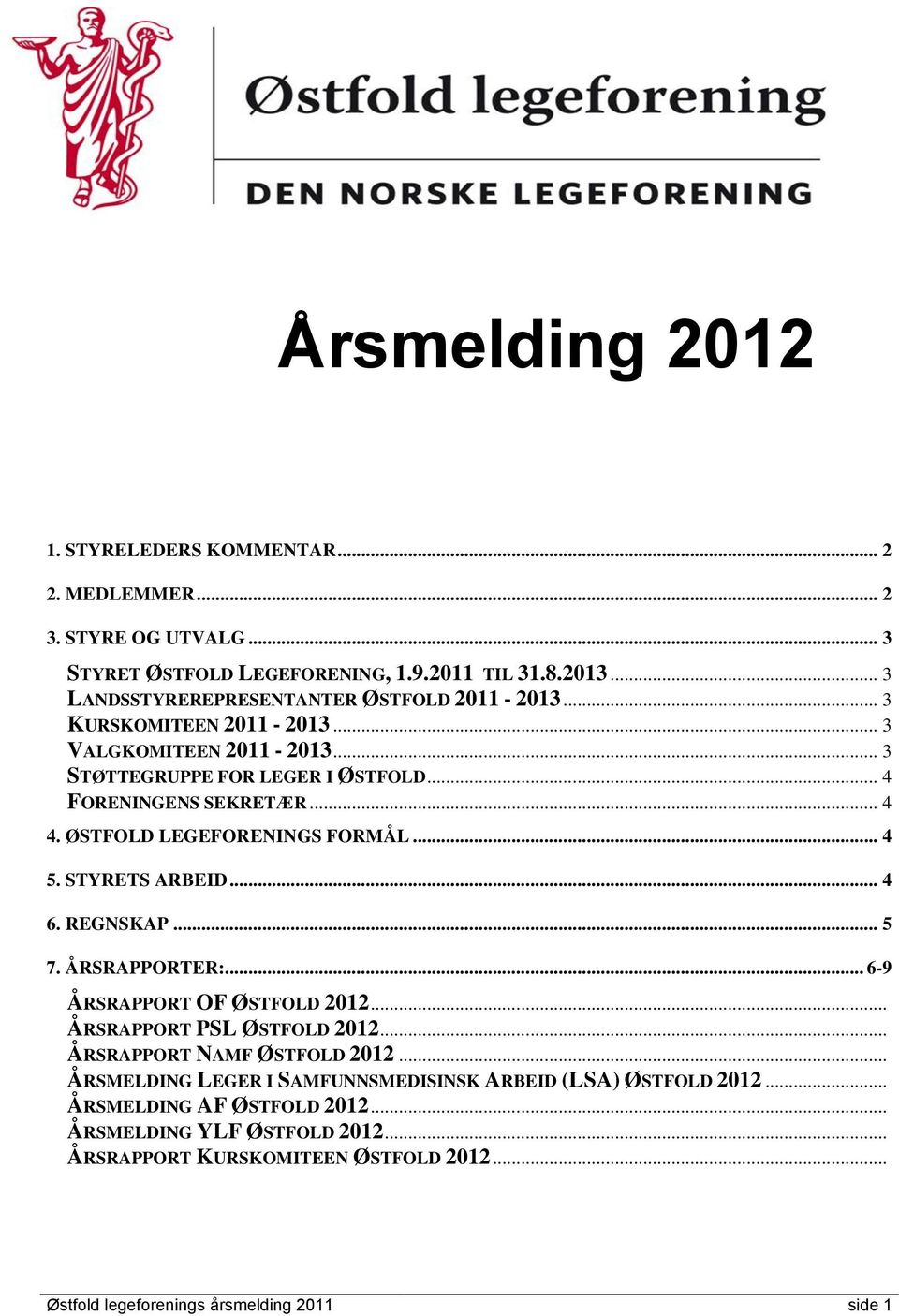 ØSTFOLD LEGEFORENINGS FORMÅL... 4 5. STYRETS ARBEID... 4 6. REGNSKAP... 5 7. ÅRSRAPPORTER:... 6-9 ÅRSRAPPORT OF ØSTFOLD 2012... ÅRSRAPPORT PSL ØSTFOLD 2012.
