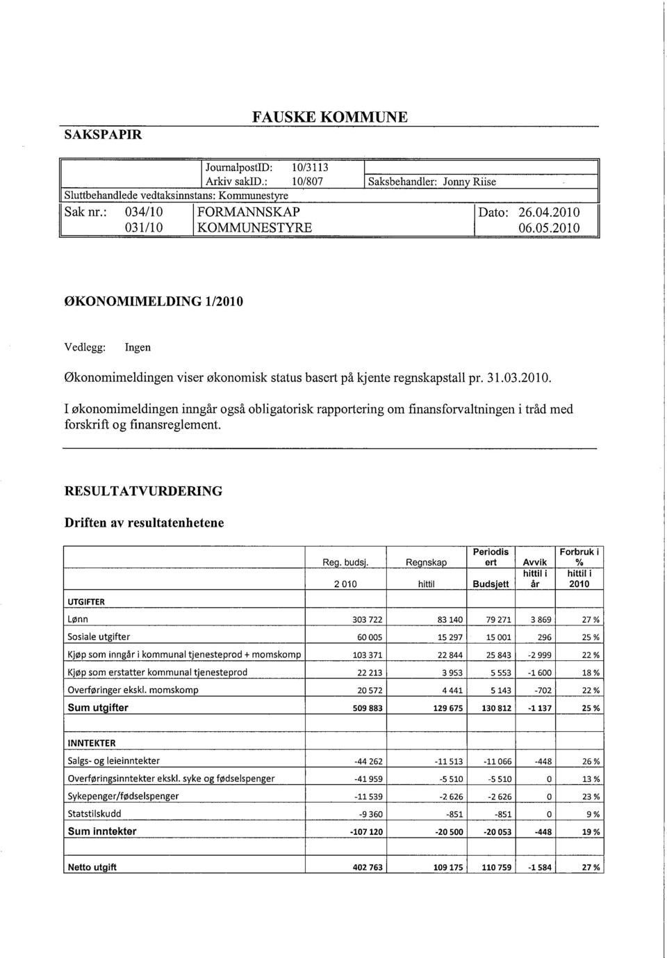 RESULTATVURDERING Driften av resultatenhetene Periodis Forbruk i Reg. budsj.