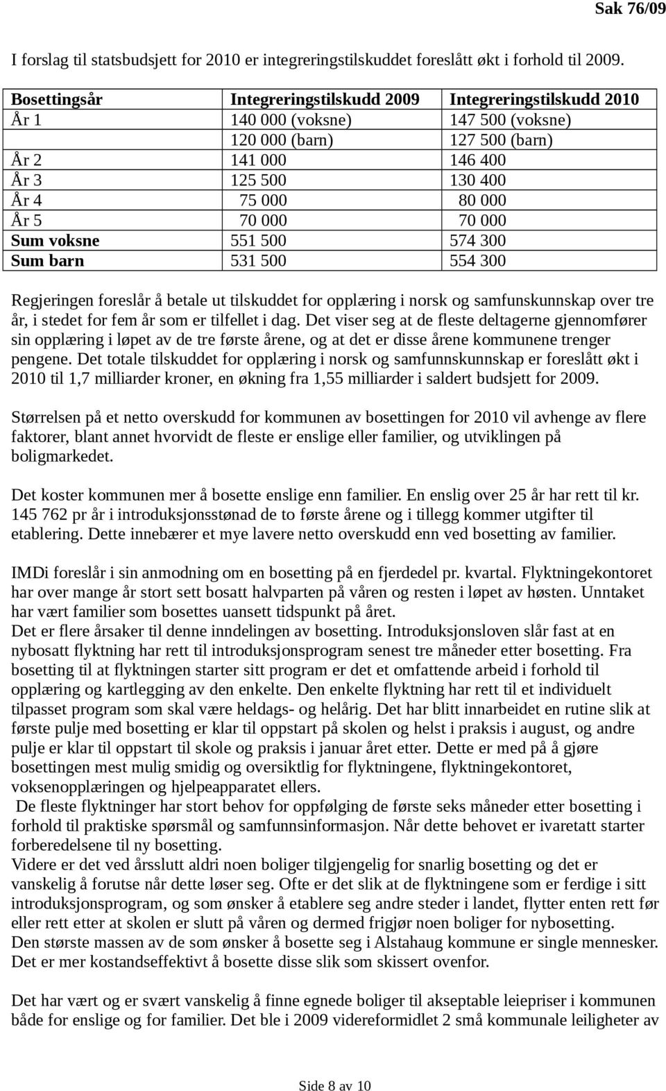 70 000 70 000 Sum voksne 551 500 574 300 Sum barn 531 500 554 300 Regjeringen foreslår å betale ut tilskuddet for opplæring i norsk og samfunskunnskap over tre år, i stedet for fem år som er