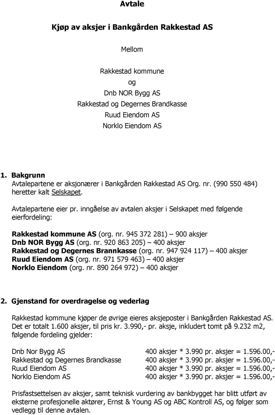 inngåelse av avtalen aksjer i Selskapet med følgende eierfordeling: Rakkestad kommune AS (org. nr. 945 372 281) 900 aksjer Dnb NOR Bygg AS (org. nr. 920 863 205) 400 aksjer Rakkestad og Degernes Brannkasse (org.