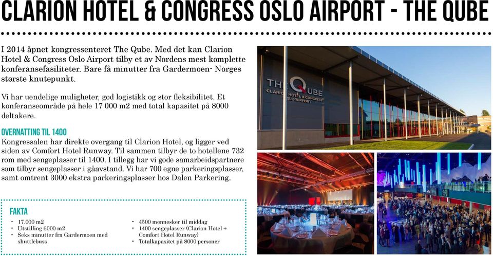 Et konferanseområde på hele 17 000 m2 med total kapasitet på 8000 deltakere. Overnatting til 1400 Kongressalen har direkte overgang til Clarion Hotel, og ligger ved siden av Comfort Hotel Runway.