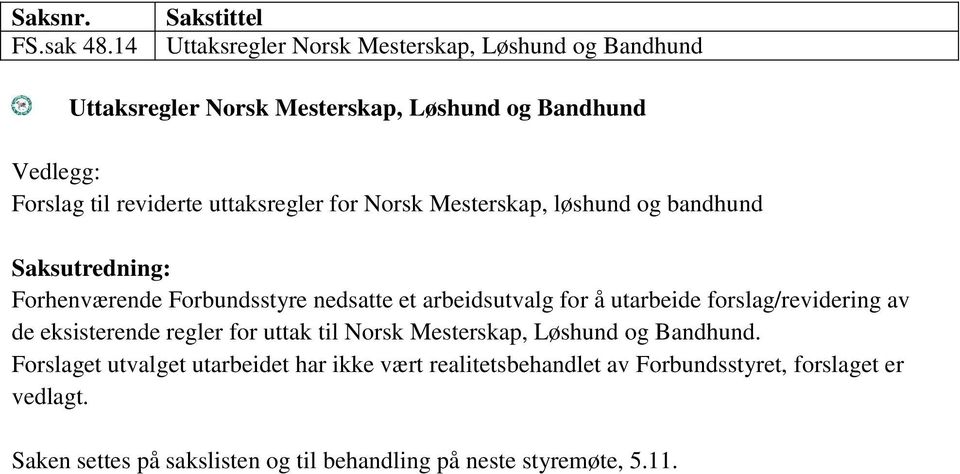 uttaksregler for Norsk Mesterskap, løshund og bandhund Saksutredning: Forhenværende Forbundsstyre nedsatte et arbeidsutvalg for å utarbeide