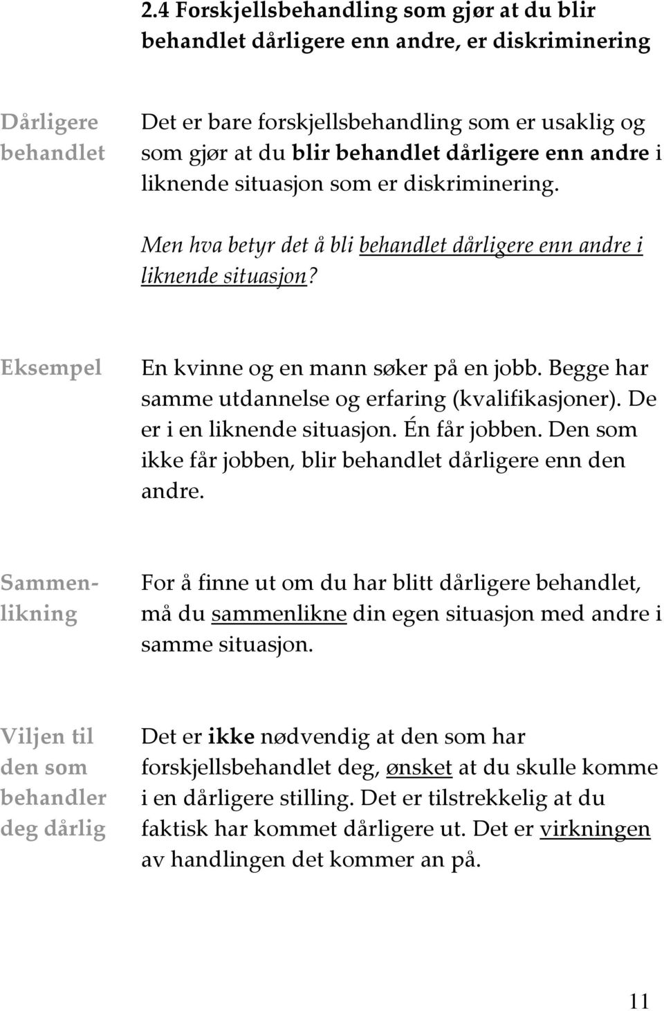 Begge har samme utdannelse og erfaring (kvalifikasjoner). De er i en liknende situasjon. Én får jobben. Den som ikke får jobben, blir behandlet dårligere enn den andre.