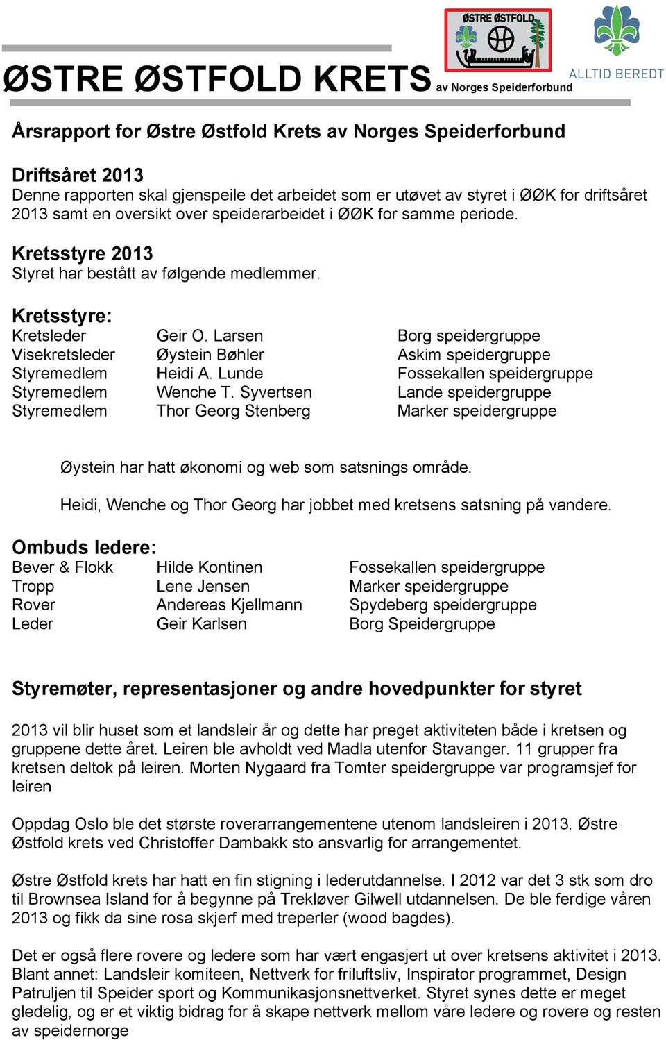 Larsen Borg speidergruppe Visekretsleder Øystein Bøhler Askim speidergruppe Styremedlem Heidi A. Lunde Fossekallen speidergruppe Styremedlem Wenche T.