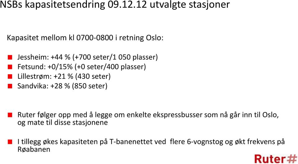 plasser) Fetsund: +0/15% (+0 seter/400 plasser) Lillestrøm: +21 % (430 seter) Sandvika: +28 % (850 seter)