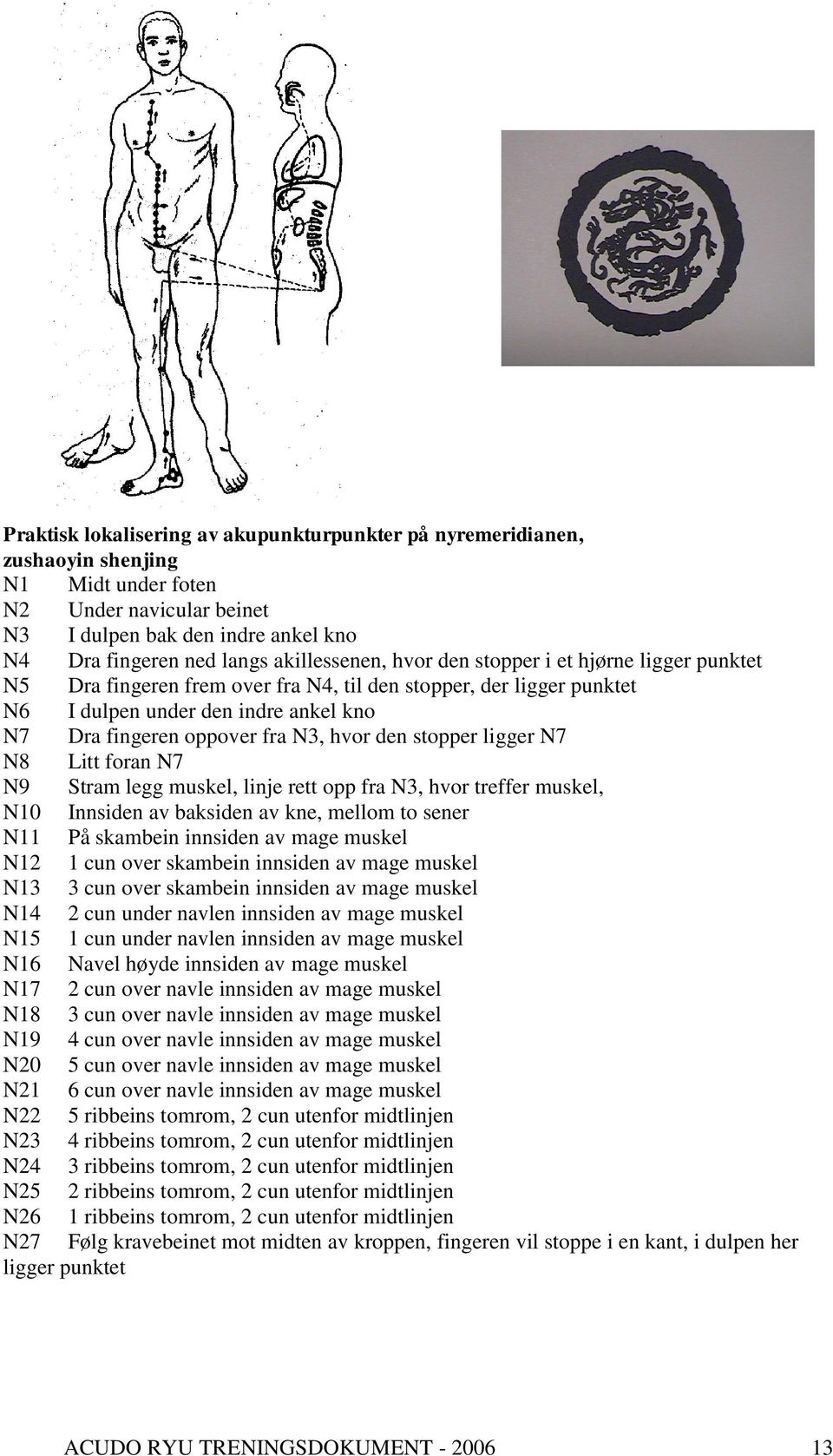 hvor den stopper ligger N7 N8 Litt foran N7 N9 Stram legg muskel, linje rett opp fra N3, hvor treffer muskel, N10 Innsiden av baksiden av kne, mellom to sener N11 På skambein innsiden av mage muskel