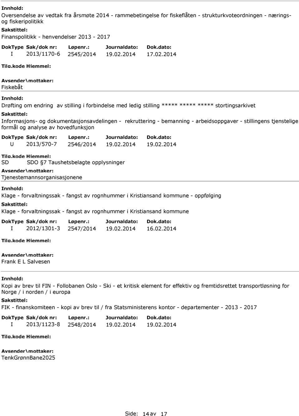tjenstelige formål og analyse av hovedfunksjon 2013/570-7 2546/2014 SD SDO 7 Taushetsbelagte opplysninger Tjenestemannsorganisasjonene Klage - forvaltningssak - fangst av rognhummer i Kristiansand