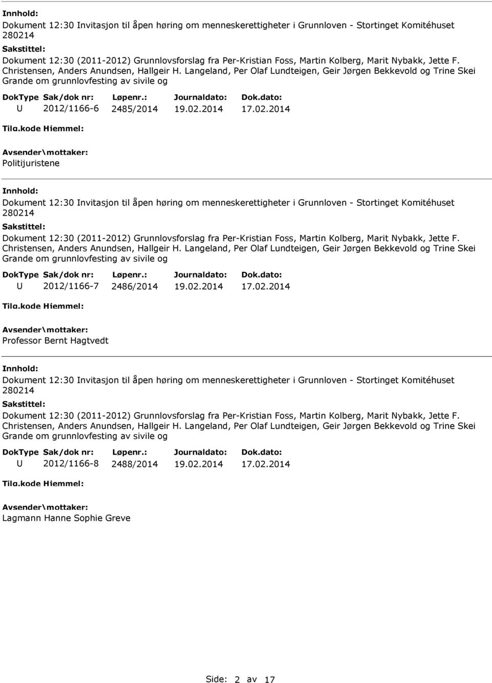 Stortinget Komitéhuset 2012/1166-7 2486/2014 Professor Bernt Hagtvedt Dokument 12:30 nvitasjon til åpen høring om