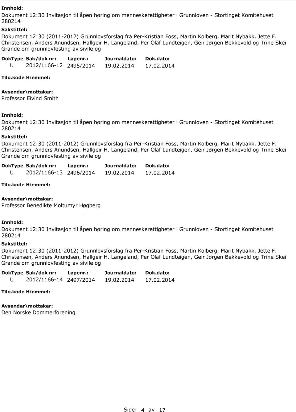 Stortinget Komitéhuset 2012/1166-13 2496/2014 Professor Benedikte Moltumyr Høgberg Dokument 12:30 nvitasjon til åpen