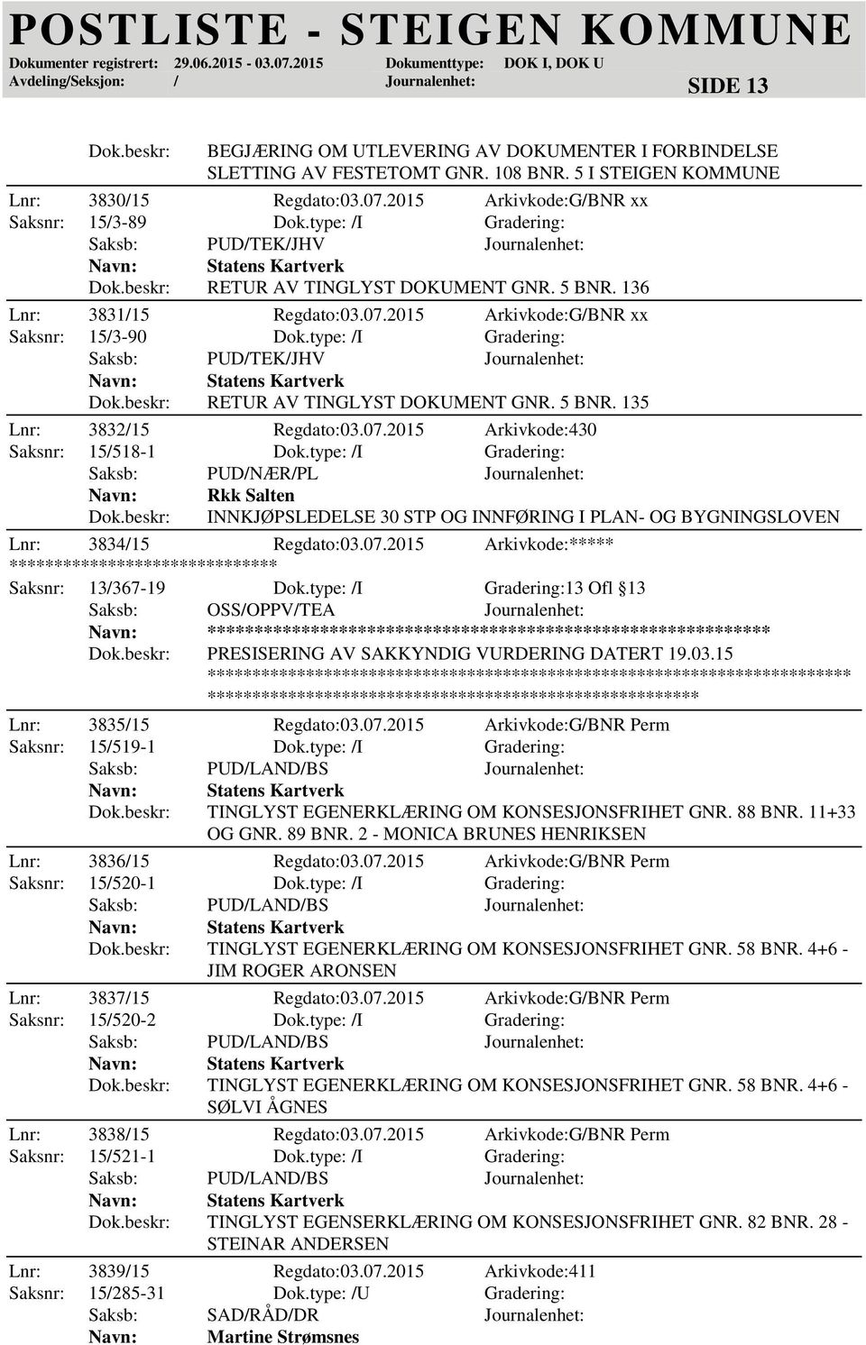 type: /I Gradering: Saksb: PUD/TEK/JHV Journalenhet: RETUR AV TINGLYST DOKUMENT GNR. 5 BNR. 135 Lnr: 3832/15 Regdato:03.07.2015 Arkivkode:430 Saksnr: 15/518-1 Dok.