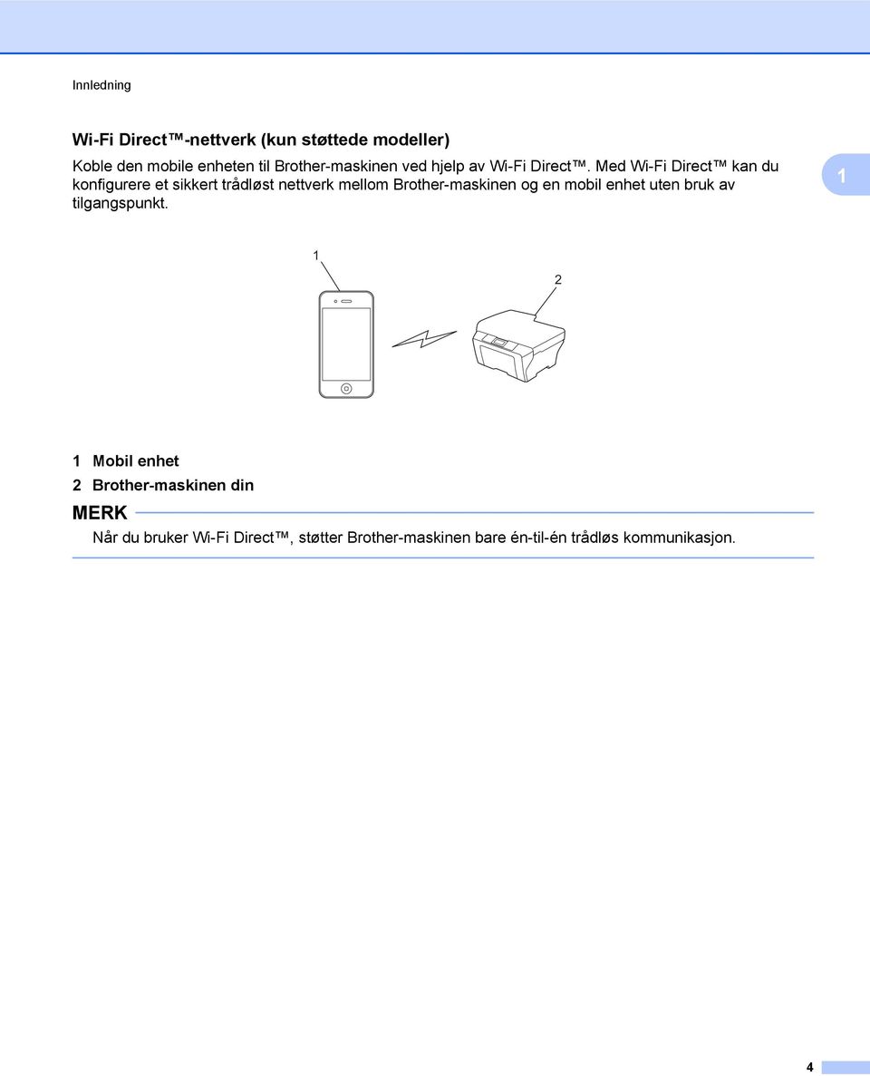 Med Wi-Fi Direct kan du konfigurere et sikkert trådløst nettverk mellom Brother-maskinen og en