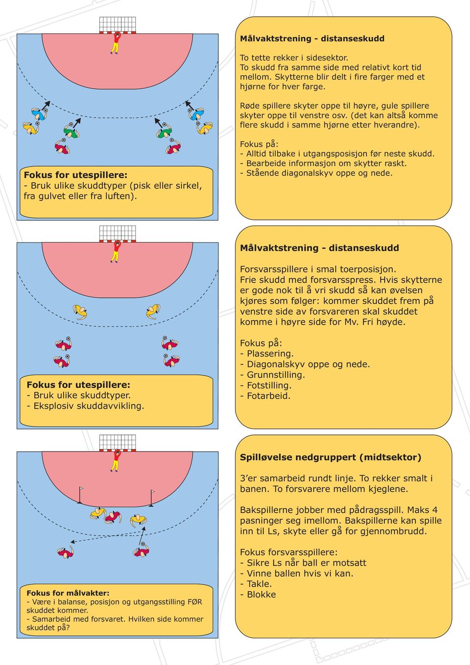 Fokus for utespillere: - Bruk ulike skuddtyper (pisk eller sirkel, fra gulvet eller fra luften). - Alltid tilbake i utgangsposisjon før neste skudd. - Bearbeide informasjon om skytter raskt.