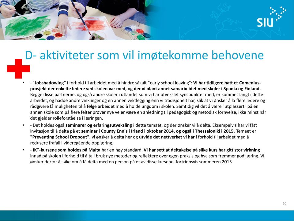 Begge disse partnerne, og også andre skoler i utlandet som vi har utvekslet synspunkter med, er kommet langt i dette arbeidet, og hadde andre vinklinger og en annen vektlegging enn vi tradisjonelt