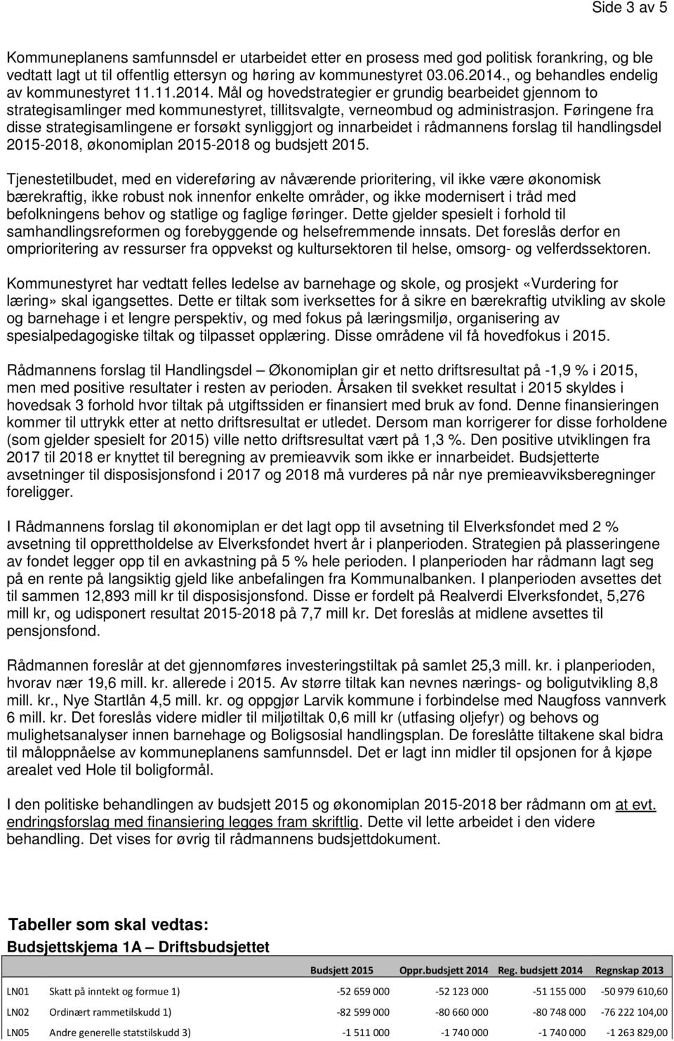 Føringene fra disse strategisamlingene er forsøkt synliggjort og innarbeidet i rådmannens forslag til handlingsdel 2015-2018, økonomiplan 2015-2018 og budsjett 2015.