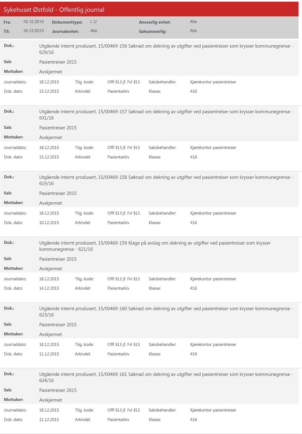 2015 Arkivdel: Pasientarkiv tgående internt produsert, 15/00469-158 Søknad om dekning av utgifter ved pasientreiser som krysser kommunegrense - 619/16 Dok. dato: 10.12.