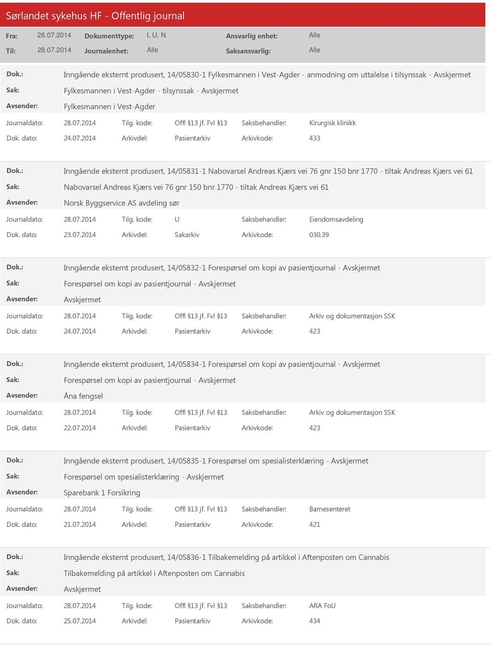 2014 Arkivdel: Pasientarkiv Arkivkode: 433 Inngående eksternt produsert, 14/05831-1 Nabovarsel Andreas Kjærs vei 76 gnr 150 bnr 1770 - tiltak Andreas Kjærs vei 61 Nabovarsel Andreas Kjærs vei 76 gnr