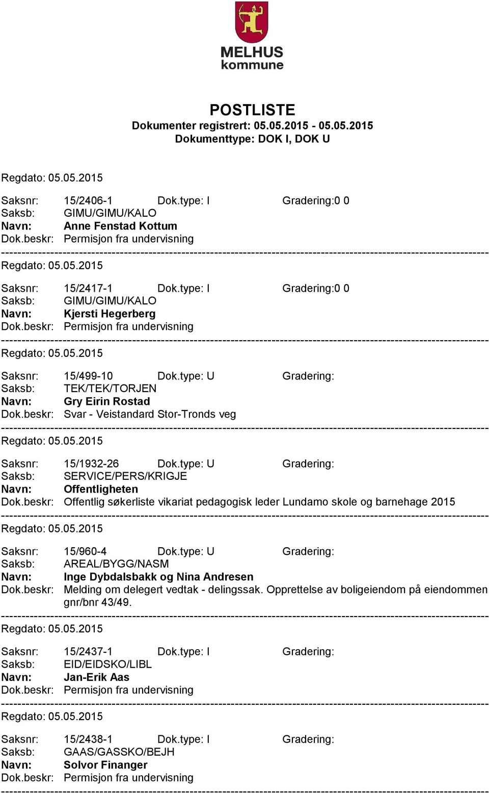 beskr: Svar - Veistandard Stor-Tronds veg Saksnr: 15/1932-26 Dok.type: U Gradering: Dok.beskr: Offentlig søkerliste vikariat pedagogisk leder Lundamo skole og barnehage 2015 Saksnr: 15/960-4 Dok.