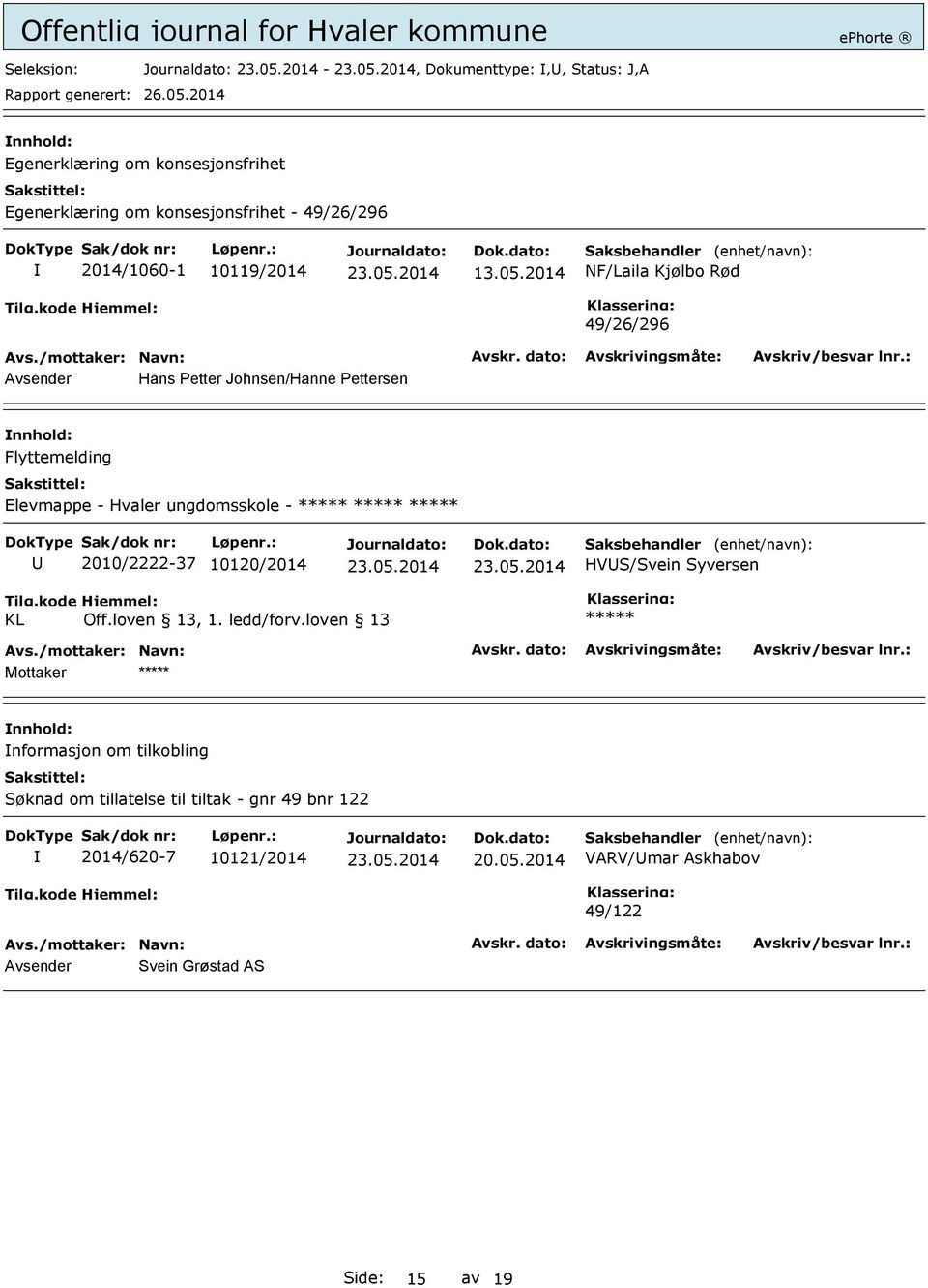 2014 NF/Laila Kjølbo Rød 49/26/296 Avsender Hans Petter Johnsen/Hanne Pettersen Flyttemelding Elevmappe - Hvaler ungdomsskole -