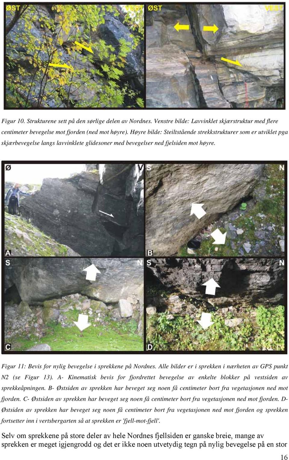 Figur 11: Bevis for nylig bevegelse i sprekkene på Nordnes. Alle bilder er i sprekken i nærheten av GPS punkt N2 (se Figur 13).