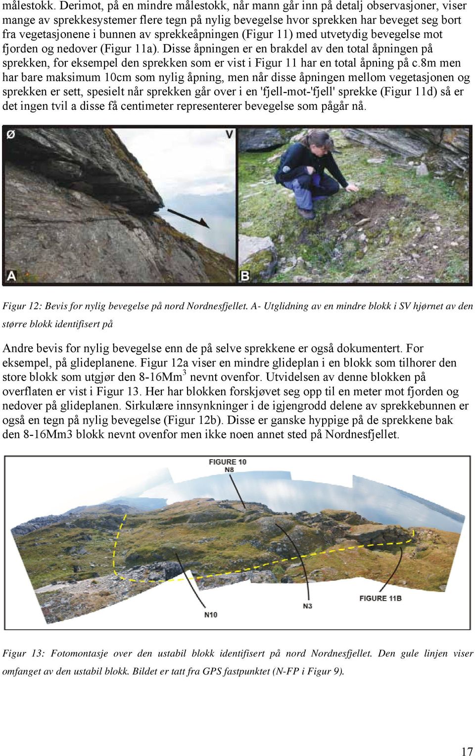 av sprekkeåpningen (Figur 11) med utvetydig bevegelse mot fjorden og nedover (Figur 11a).