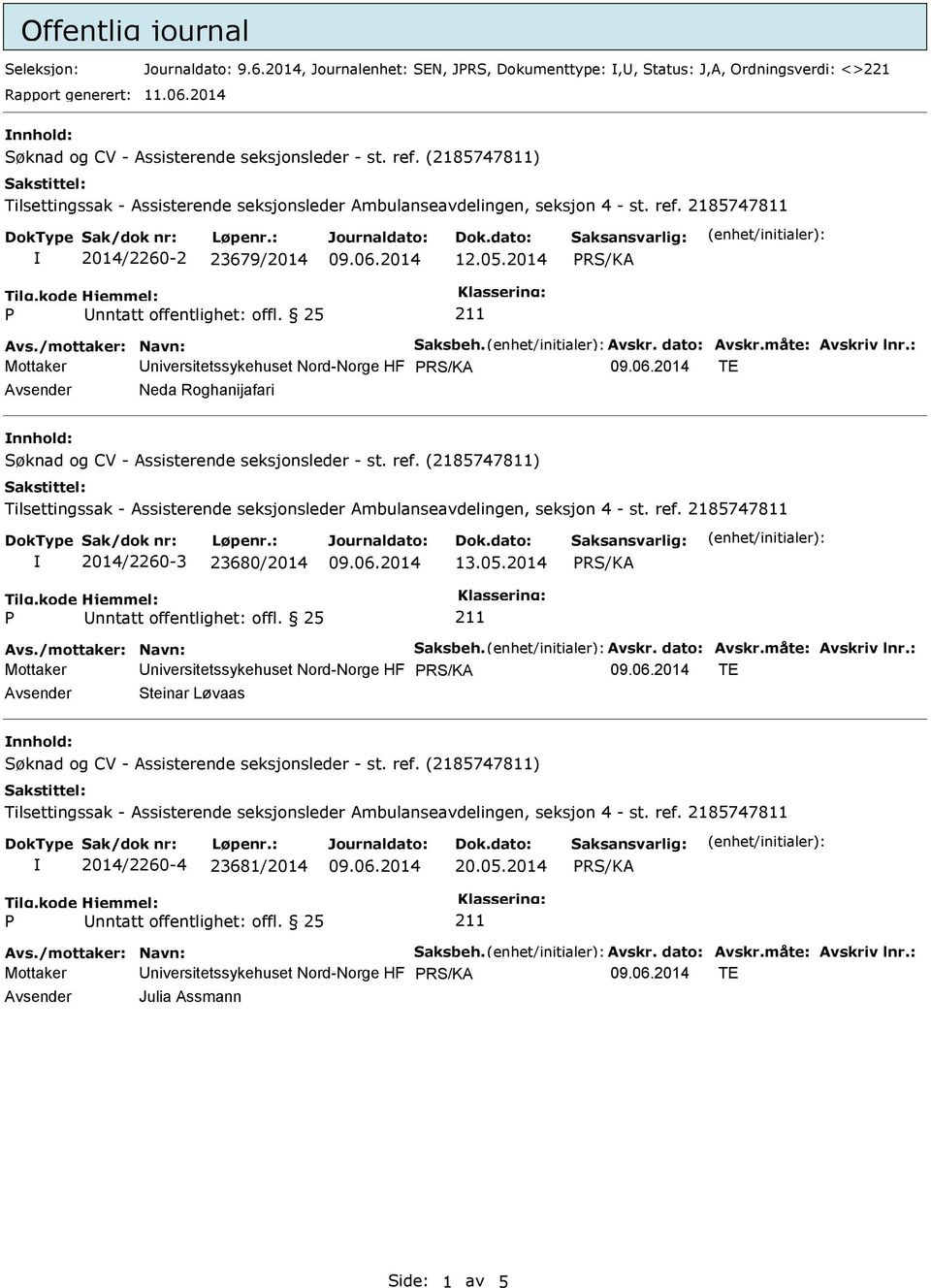 : Mottaker Universitetssykehuset Nord-Norge HF Avsender Neda Roghanijafari nnhold: 2014/2260-3 23680/2014 13.05.2014 Avs./mottaker: Navn: Saksbeh. Avskr. dato: Avskr.