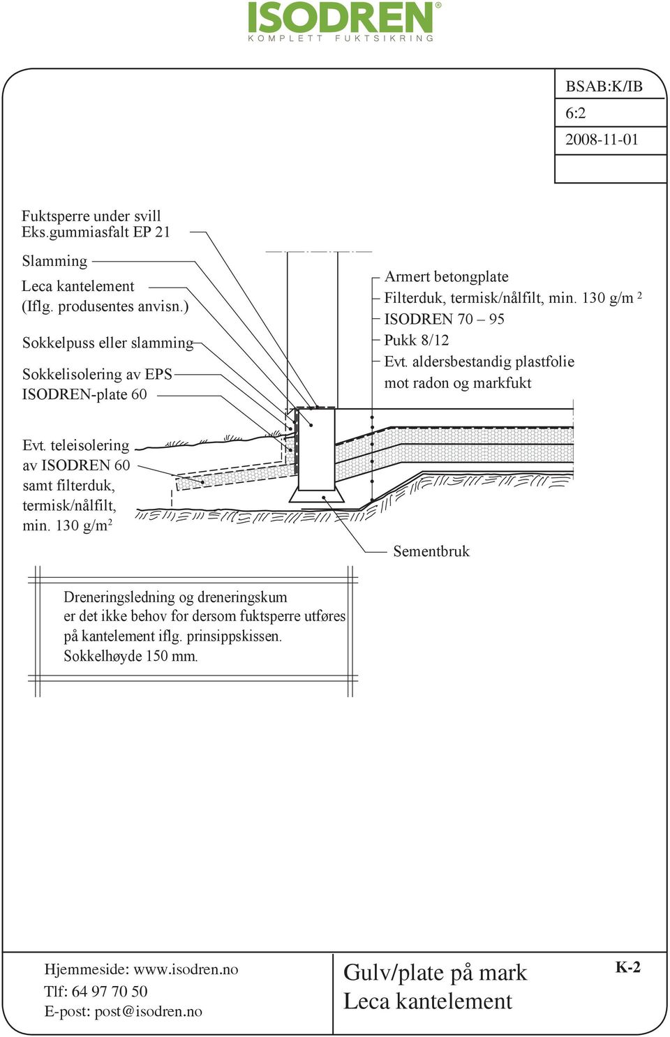 130 g/m 2 ISODREN 70 95 Pukk 8/12 Evt. aldersbestandig plastfolie mot radon og markfukt Evt.