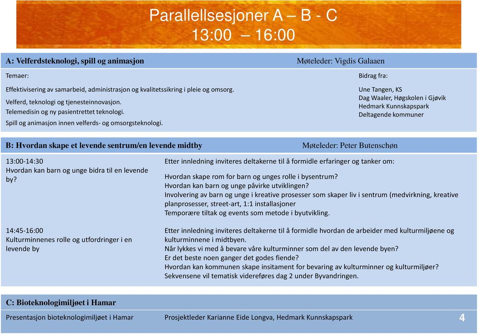 Bidrag fra: Une Tangen, KS Dag Waaler, Høgskolen i Gjøvik Hedmark Kunnskapspark Deltagende kommuner B: Hvordan skape et levende sentrum/en levende midtby Møteleder: Peter Butenschøn 13:00-14:30