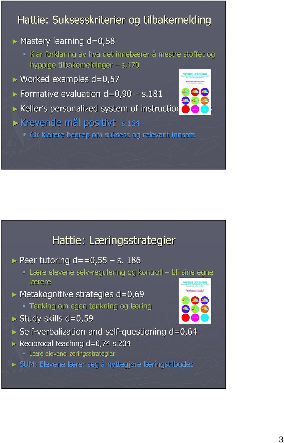 164 Gir klarere begrep om suksess og relevant innsats Hattie: : LæringsstrategierL Peer tutoring d==0,55 s.