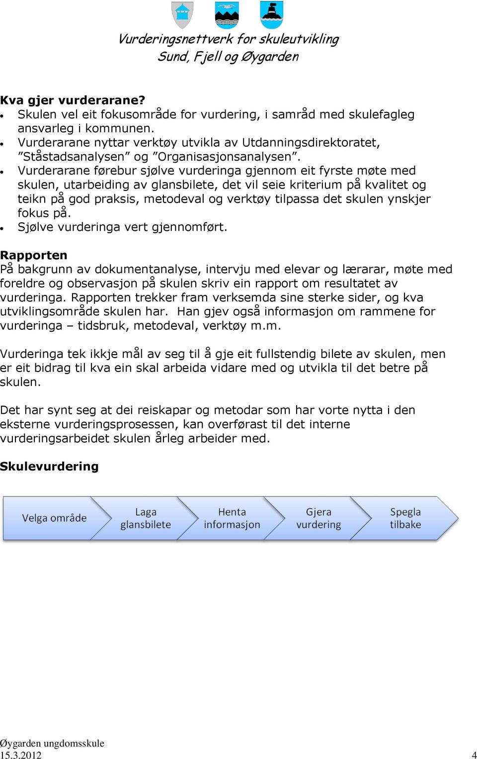 Vurderarane førebur sjølve vurderinga gjennom eit fyrste møte med skulen, utarbeiding av glansbilete, det vil seie kriterium på kvalitet og teikn på god praksis, metodeval og verktøy tilpassa det