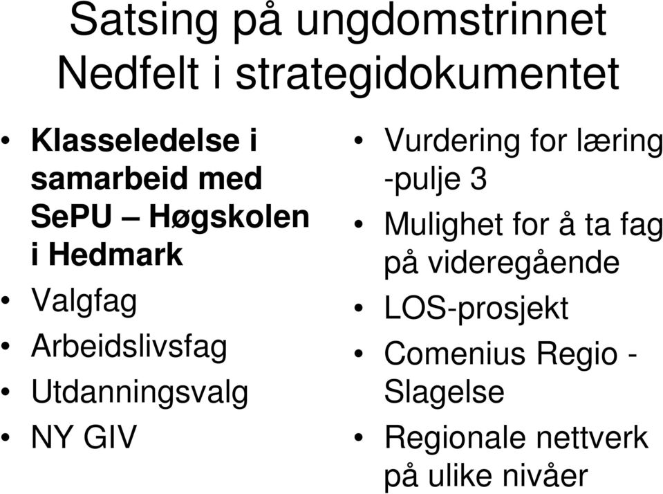 Utdanningsvalg NY GIV Vurdering for læring -pulje 3 Mulighet for å ta fag