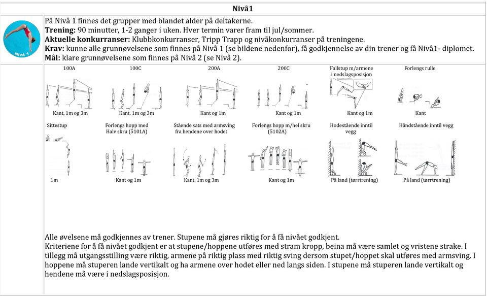 Krav: kunne alle grunnøvelsene som finnes på Nivå 1 (se bildene nedenfor), få godkjennelse av din trener og få Nivå1- diplomet. Mål: klare grunnøvelsene som finnes på Nivå 2 (se Nivå 2).
